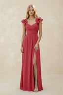 Ruffled Sleeves A - Line Chiffon Sweetheart Bridesmaid Dress in Merlot - KISS BRIDAL Bridesmaid Dresses