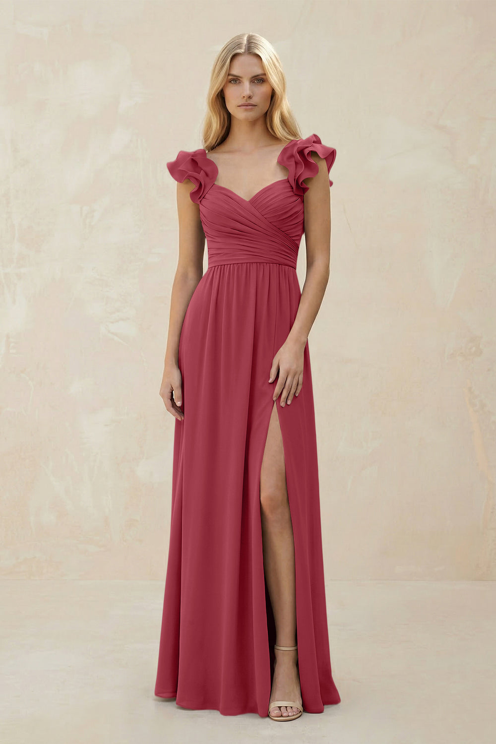 Ruffled Sleeves A-Line Chiffon Sweetheart Bridesmaid Dress in Merlot