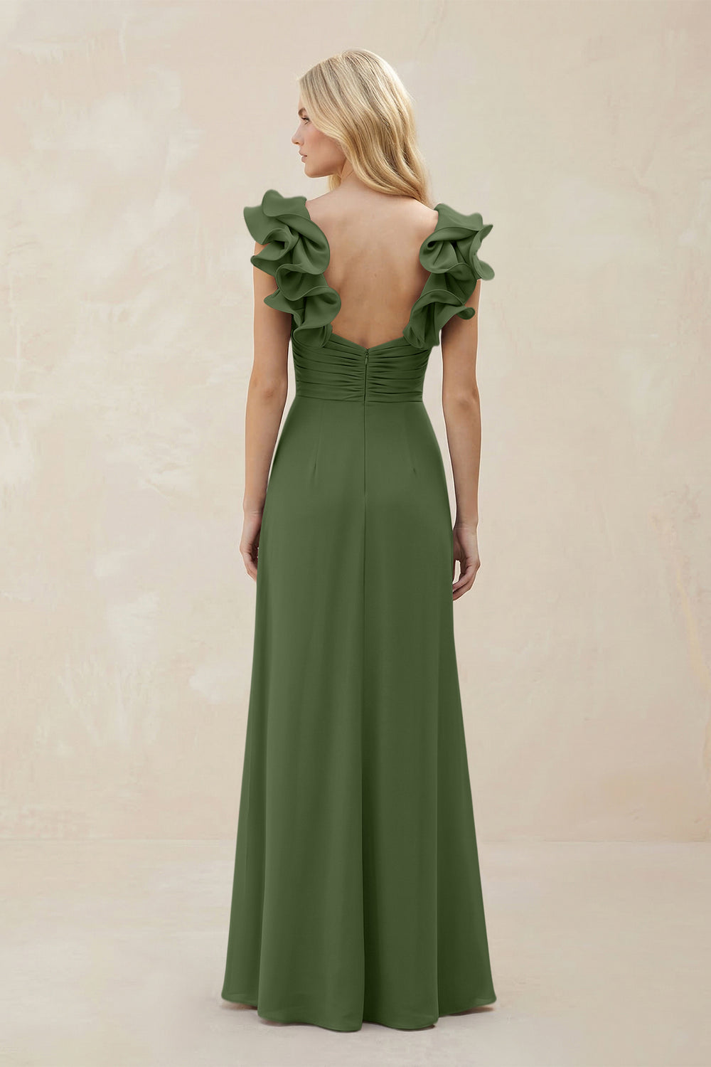 Ruffled Sleeves A-Line Chiffon Sweetheart Bridesmaid Dress in Moss
