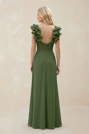 Ruffled Sleeves A-Line Chiffon Sweetheart Bridesmaid Dress in Moss (2) | KISSBRIDAL