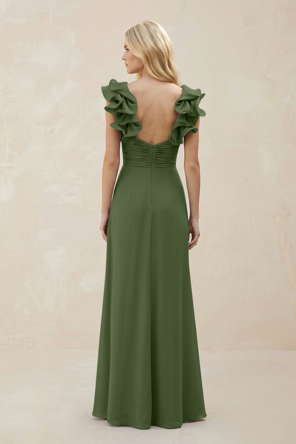 Ruffled Sleeves A-Line Chiffon Sweetheart Bridesmaid Dress in Moss (2) | KISSBRIDAL