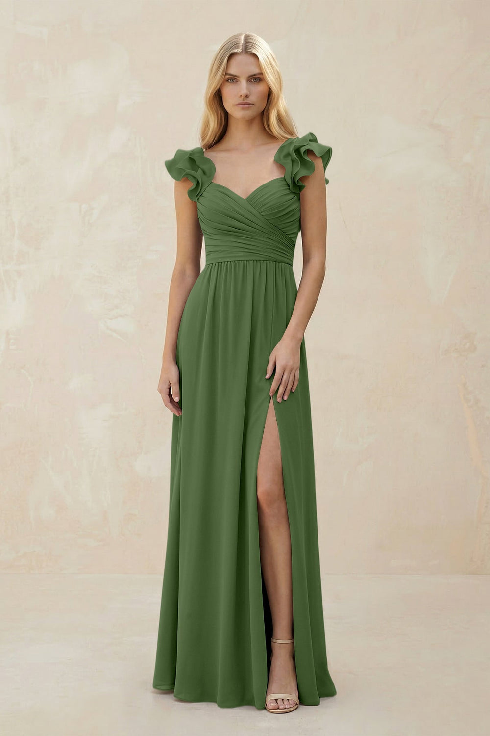 Ruffled Sleeves A - Line Chiffon Sweetheart Bridesmaid Dress in Moss - KISS BRIDAL Bridesmaid Dresses