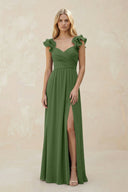 Ruffled Sleeves A - Line Chiffon Sweetheart Bridesmaid Dress in Moss - KISS BRIDAL Bridesmaid Dresses