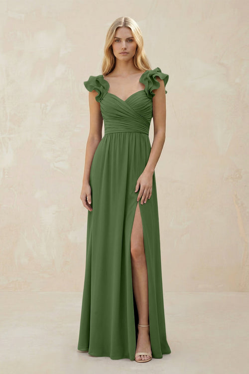 Ruffled Sleeves A - Line Chiffon Sweetheart Bridesmaid Dress in Moss - KISS BRIDAL Bridesmaid Dresses