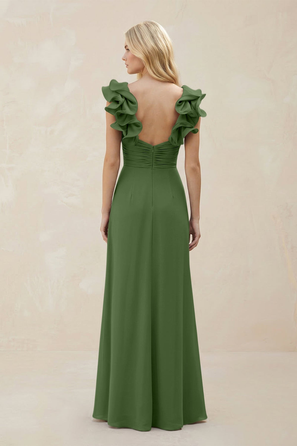 Ruffled Sleeves A - Line Chiffon Sweetheart Bridesmaid Dress in Moss - KISS BRIDAL Bridesmaid Dresses