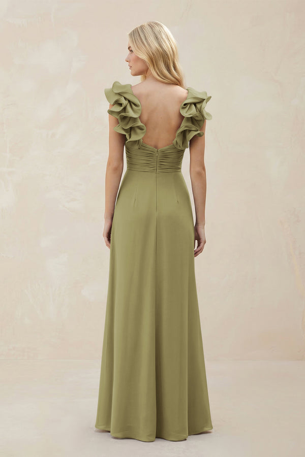 Ruffled Sleeves A-Line Chiffon Sweetheart Bridesmaid Dress in Moss Green (2) | KISSBRIDAL
