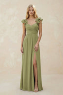 Ruffled Sleeves A - Line Chiffon Sweetheart Bridesmaid Dress in Moss Green - KISS BRIDAL Bridesmaid Dresses