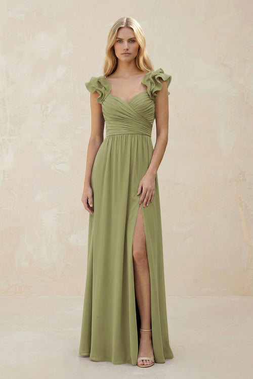 Ruffled Sleeves A - Line Chiffon Sweetheart Bridesmaid Dress in Moss Green - KISS BRIDAL Bridesmaid Dresses