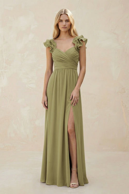 Ruffled Sleeves A-Line Chiffon Sweetheart Bridesmaid Dress in Moss Green | KISSBRIDAL