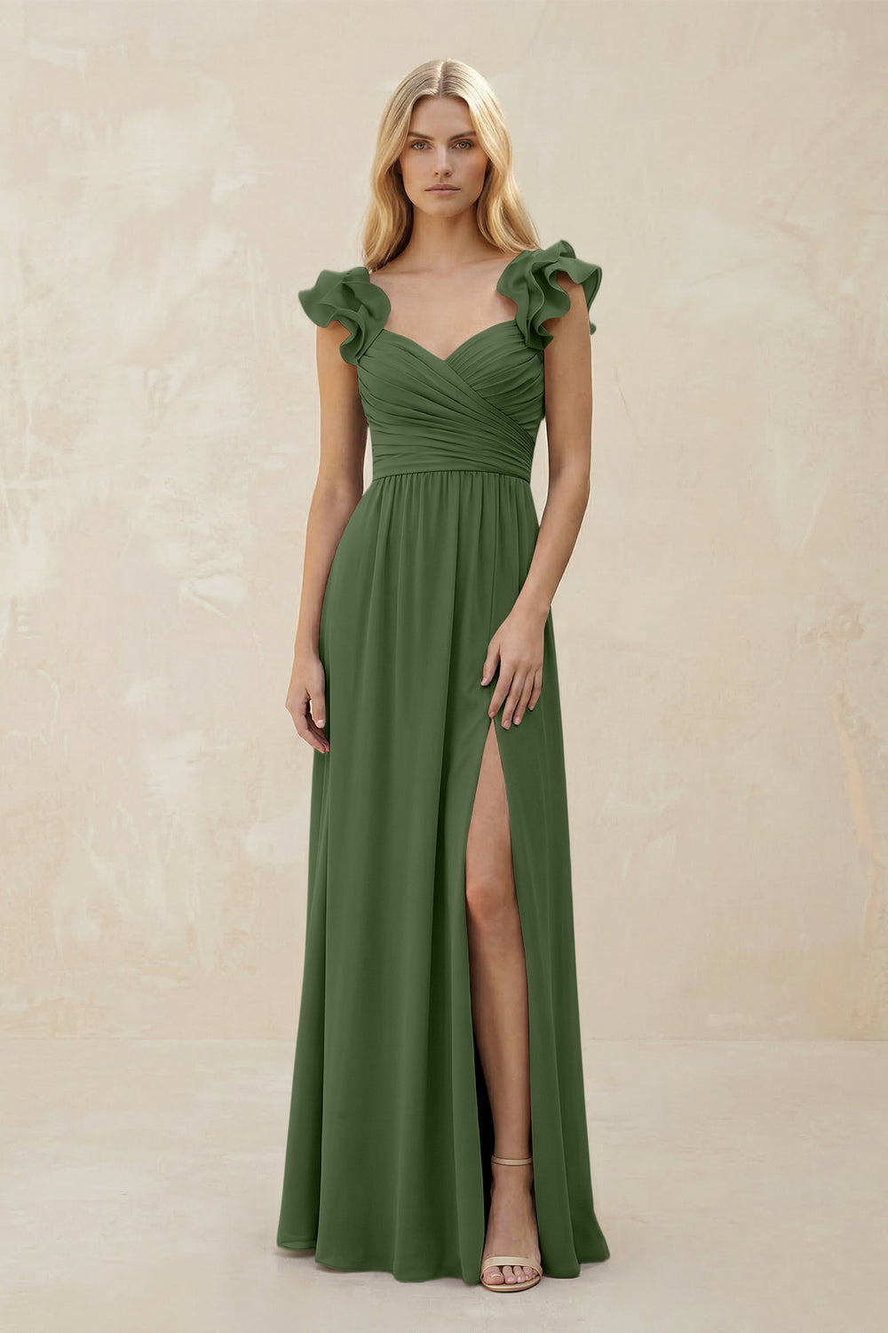 Ruffled Sleeves A-Line Chiffon Sweetheart Bridesmaid Dress in Moss