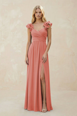 Ruffled Sleeves A - Line Chiffon Sweetheart Bridesmaid Dress in Mulberry - KISS BRIDAL Bridesmaid Dresses