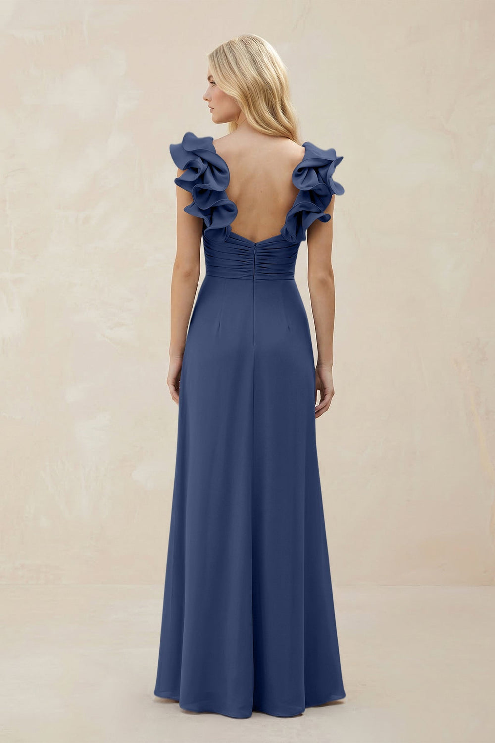 Ruffled Sleeves A - Line Chiffon Sweetheart Bridesmaid Dress in Navy - KISS BRIDAL Bridesmaid Dresses