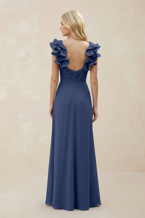 Ruffled Sleeves A - Line Chiffon Sweetheart Bridesmaid Dress in Navy - KISS BRIDAL Bridesmaid Dresses