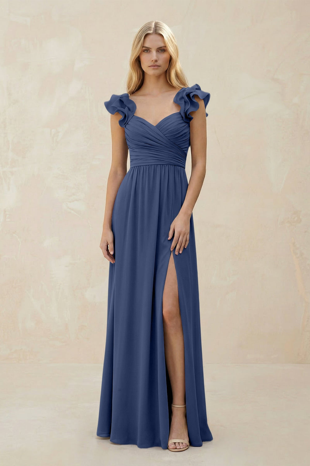 Ruffled Sleeves A - Line Chiffon Sweetheart Bridesmaid Dress in Navy - KISS BRIDAL Bridesmaid Dresses