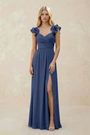 Ruffled Sleeves A - Line Chiffon Sweetheart Bridesmaid Dress in Navy - KISS BRIDAL Bridesmaid Dresses