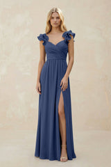 Ruffled Sleeves A - Line Chiffon Sweetheart Bridesmaid Dress in Navy - KISS BRIDAL Bridesmaid Dresses