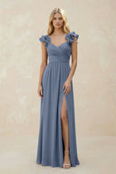 Ruffled Sleeves A - Line Chiffon Sweetheart Bridesmaid Dress in Neptune - KISS BRIDAL Bridesmaid Dresses