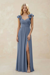 Ruffled Sleeves A - Line Chiffon Sweetheart Bridesmaid Dress in Neptune - KISS BRIDAL Bridesmaid Dresses