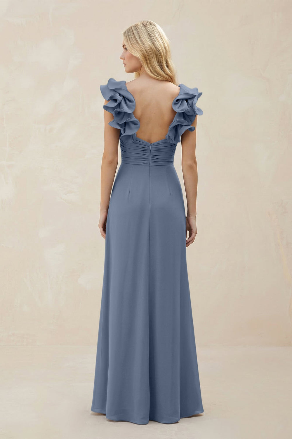 Ruffled Sleeves A - Line Chiffon Sweetheart Bridesmaid Dress in Neptune - KISS BRIDAL Bridesmaid Dresses