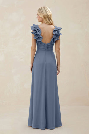 Ruffled Sleeves A - Line Chiffon Sweetheart Bridesmaid Dress in Neptune - KISS BRIDAL Bridesmaid Dresses