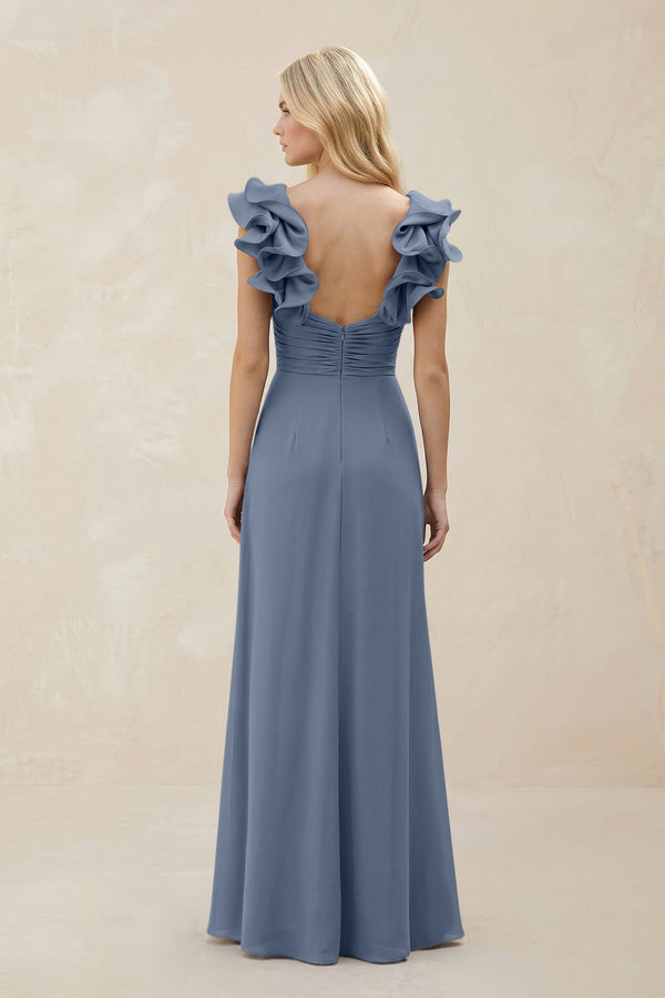 Ruffled Sleeves A - Line Chiffon Sweetheart Bridesmaid Dress in Neptune - KISS BRIDAL Bridesmaid Dresses