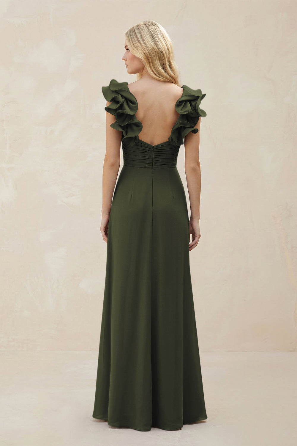 Ruffled Sleeves A-Line Chiffon Sweetheart Bridesmaid Dress in Olive