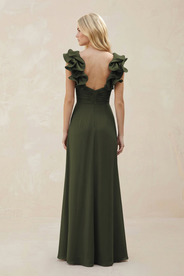 Ruffled Sleeves A-Line Chiffon Sweetheart Bridesmaid Dress in Olive (2) | KISSBRIDAL