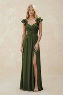 Ruffled Sleeves A - Line Chiffon Sweetheart Bridesmaid Dress in Olive - KISS BRIDAL Bridesmaid Dresses