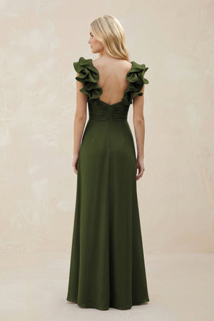 Ruffled Sleeves A - Line Chiffon Sweetheart Bridesmaid Dress in Olive - KISS BRIDAL Bridesmaid Dresses