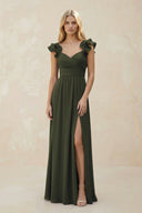 Ruffled Sleeves A-Line Chiffon Sweetheart Bridesmaid Dress in Olive | KISSBRIDAL