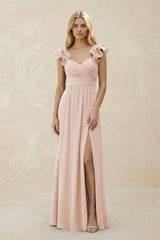 Ruffled Sleeves A - Line Chiffon Sweetheart Bridesmaid Dress in Pale Blush - KISS BRIDAL Bridesmaid Dresses