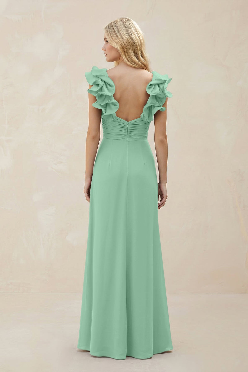 Ruffled Sleeves A - Line Chiffon Sweetheart Bridesmaid Dress in Pale Pistachio - KISS BRIDAL Bridesmaid Dresses