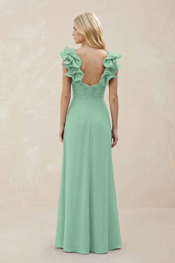 Ruffled Sleeves A - Line Chiffon Sweetheart Bridesmaid Dress in Pale Pistachio - KISS BRIDAL Bridesmaid Dresses