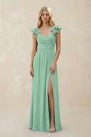 Ruffled Sleeves A - Line Chiffon Sweetheart Bridesmaid Dress in Pale Pistachio - KISS BRIDAL Bridesmaid Dresses