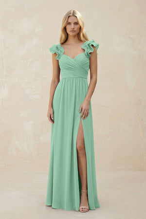 Ruffled Sleeves A - Line Chiffon Sweetheart Bridesmaid Dress in Pale Pistachio - KISS BRIDAL Bridesmaid Dresses