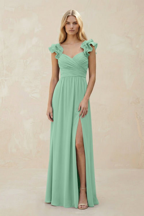 Ruffled Sleeves A - Line Chiffon Sweetheart Bridesmaid Dress in Pale Pistachio - KISS BRIDAL Bridesmaid Dresses