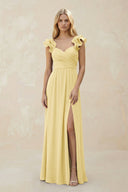 Ruffled Sleeves A - Line Chiffon Sweetheart Bridesmaid Dress in Pastel Yellow - KISS BRIDAL Bridesmaid Dresses