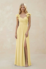 Ruffled Sleeves A - Line Chiffon Sweetheart Bridesmaid Dress in Pastel Yellow - KISS BRIDAL Bridesmaid Dresses