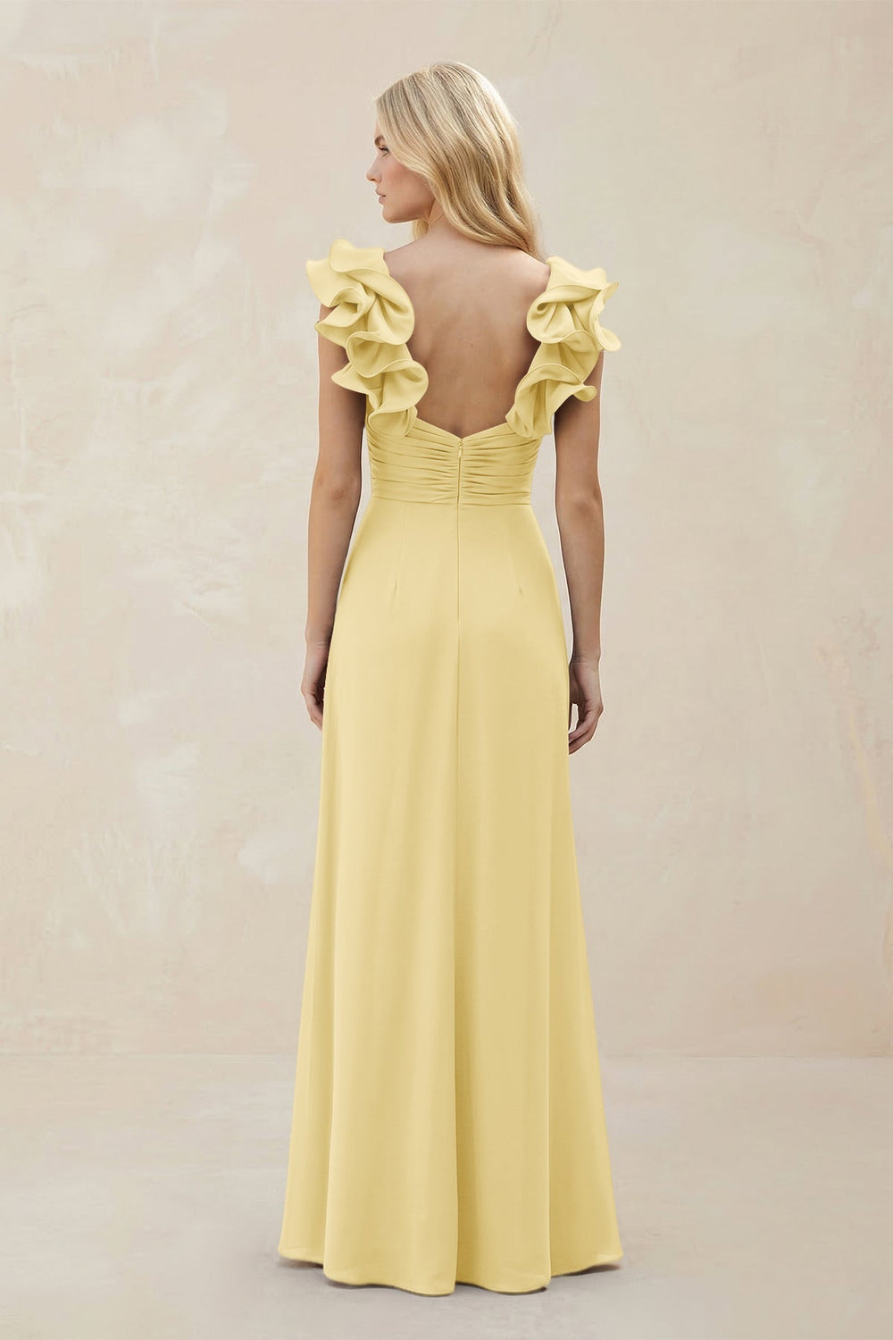 Ruffled Sleeves A - Line Chiffon Sweetheart Bridesmaid Dress in Pastel Yellow - KISS BRIDAL Bridesmaid Dresses