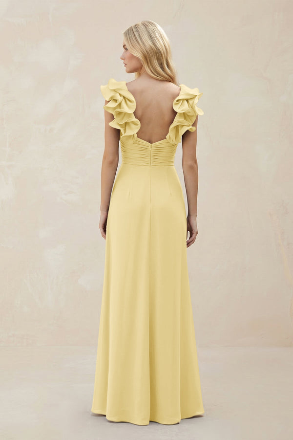 Ruffled Sleeves A - Line Chiffon Sweetheart Bridesmaid Dress in Pastel Yellow - KISS BRIDAL Bridesmaid Dresses