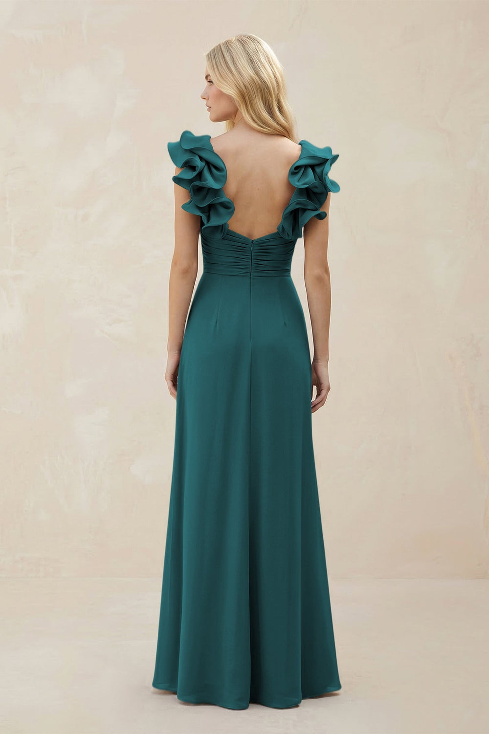 Ruffled Sleeves A - Line Chiffon Sweetheart Bridesmaid Dress in Pine - KISS BRIDAL Bridesmaid Dresses
