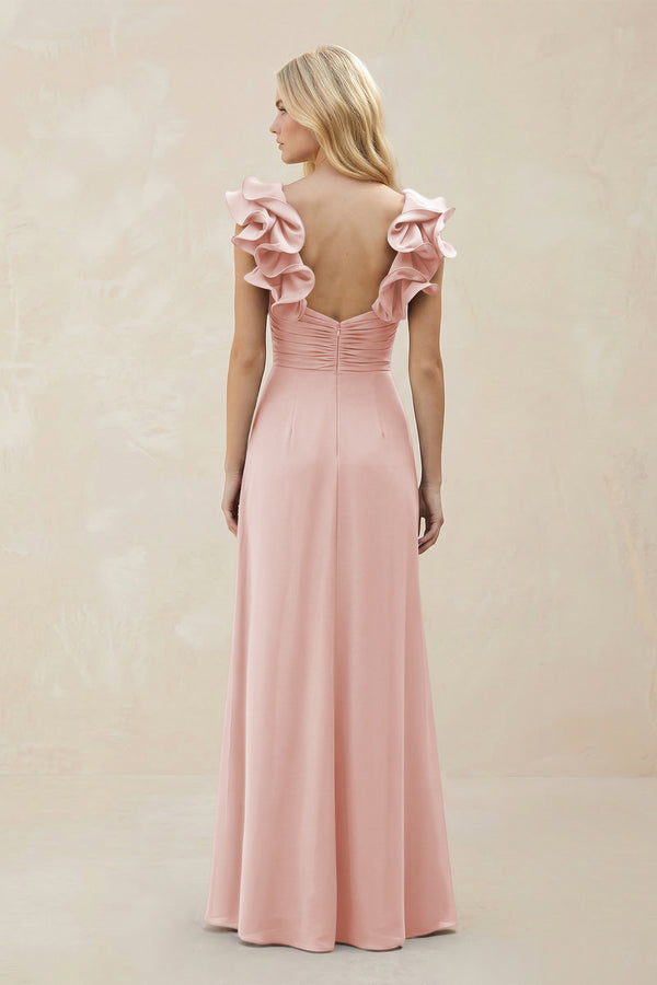 Ruffled Sleeves A-Line Chiffon Sweetheart Bridesmaid Dress in Rose Petal (2) | KISSBRIDAL