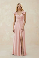 Ruffled Sleeves A-Line Chiffon Sweetheart Bridesmaid Dress in Rose Petal | KISSBRIDAL