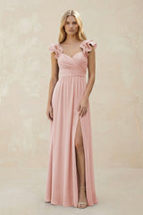 Ruffled Sleeves A-Line Chiffon Sweetheart Bridesmaid Dress in Rose Petal | KISSBRIDAL
