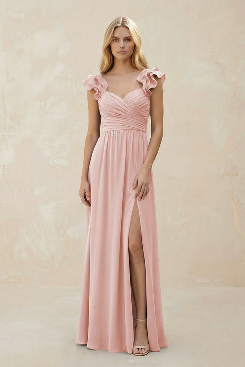 Ruffled Sleeves A-Line Chiffon Sweetheart Bridesmaid Dress in Rose Petal | KISSBRIDAL