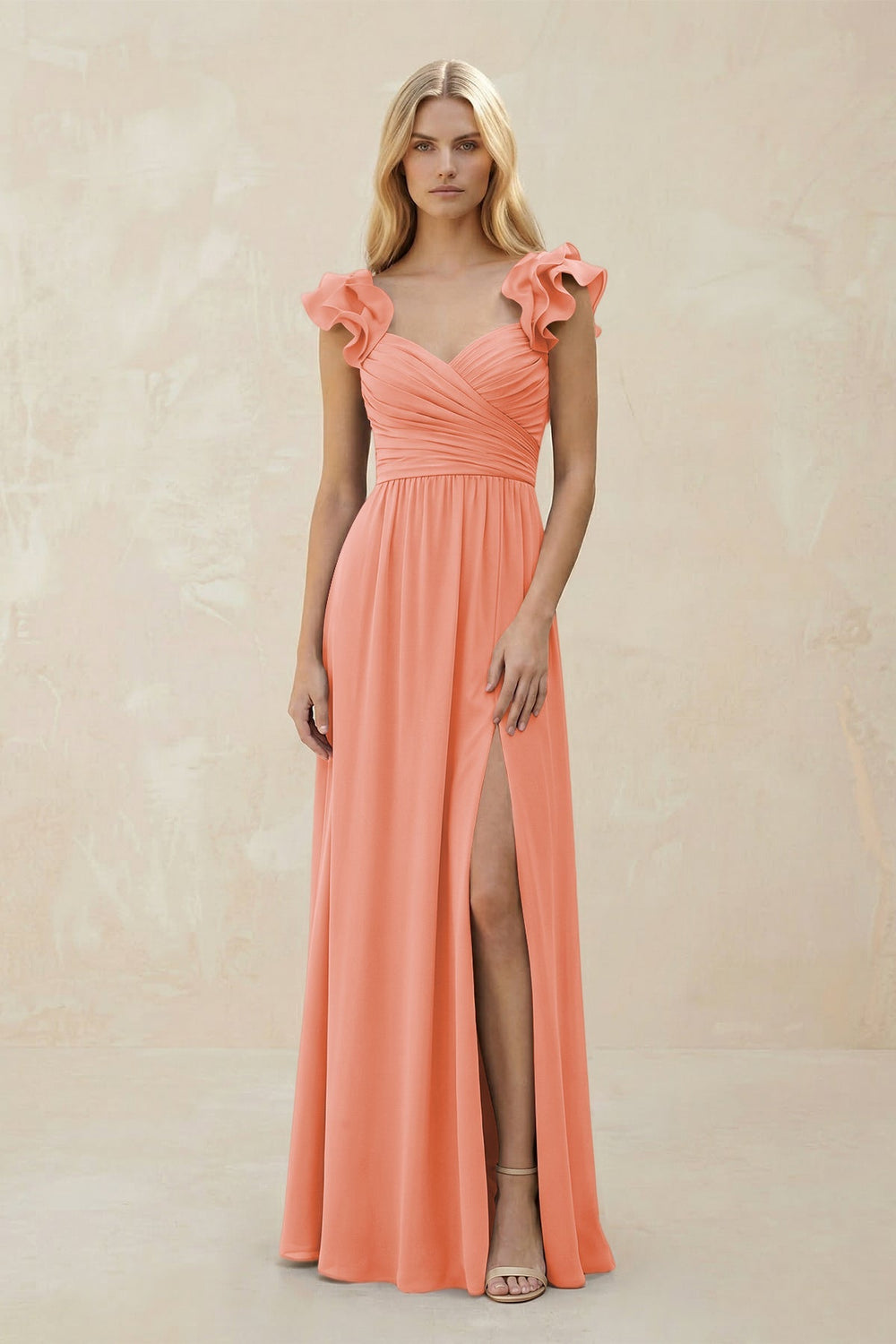 Ruffled Sleeves A - Line Chiffon Sweetheart Bridesmaid Dress in Rosette - KISS BRIDAL Bridesmaid Dresses