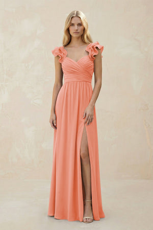 Ruffled Sleeves A - Line Chiffon Sweetheart Bridesmaid Dress in Rosette - KISS BRIDAL Bridesmaid Dresses