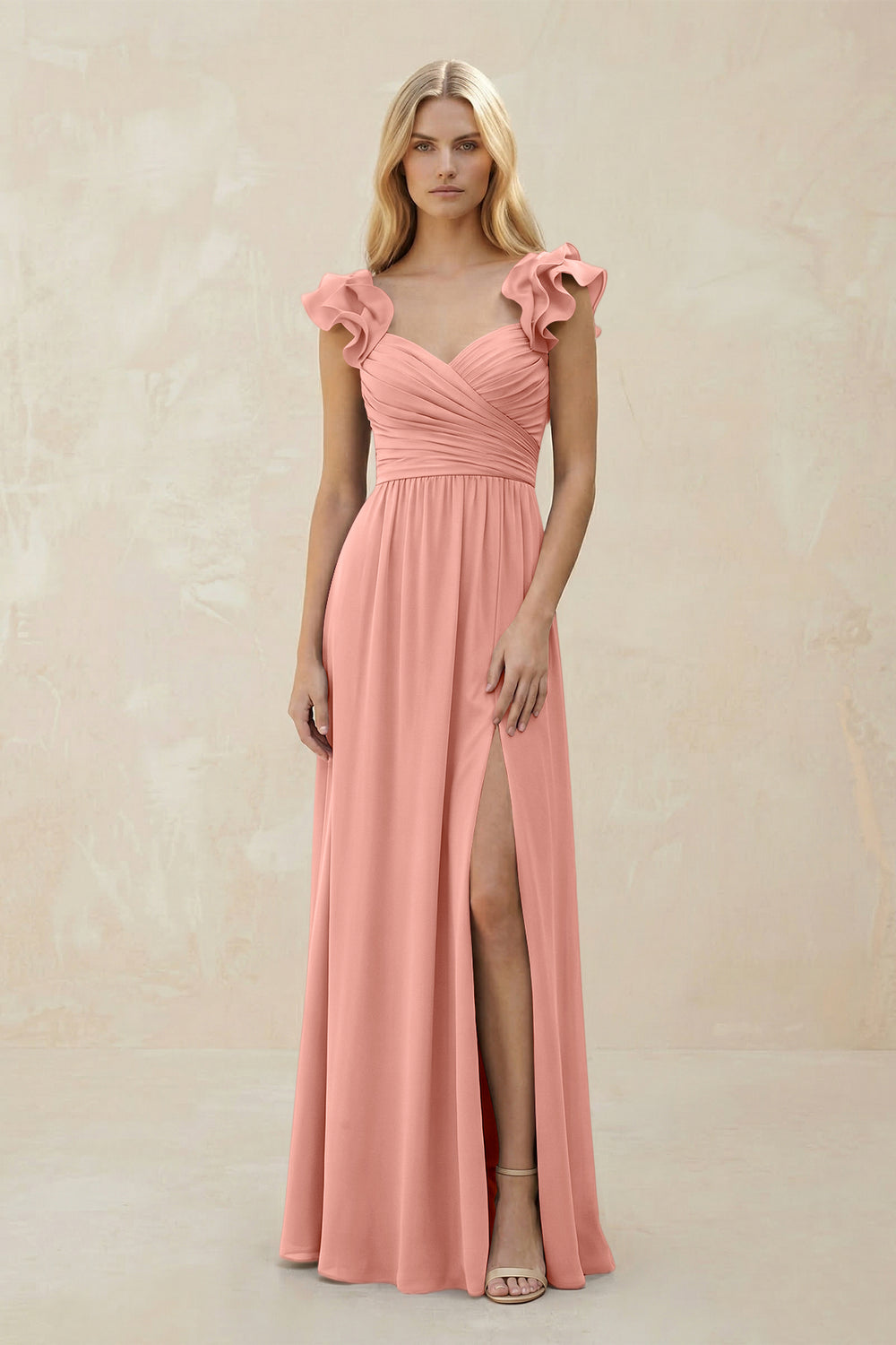 Ruffled Sleeves A-Line Chiffon Sweetheart Bridesmaid Dress in Rosette