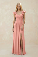Ruffled Sleeves A-Line Chiffon Sweetheart Bridesmaid Dress in Rosette | KISSBRIDAL