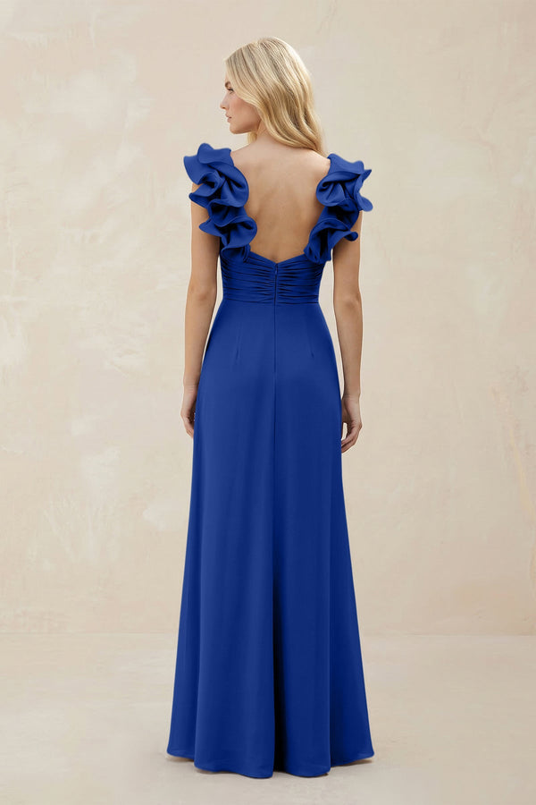 Ruffled Sleeves A - Line Chiffon Sweetheart Bridesmaid Dress in Royal Blue - KISS BRIDAL Bridesmaid Dresses
